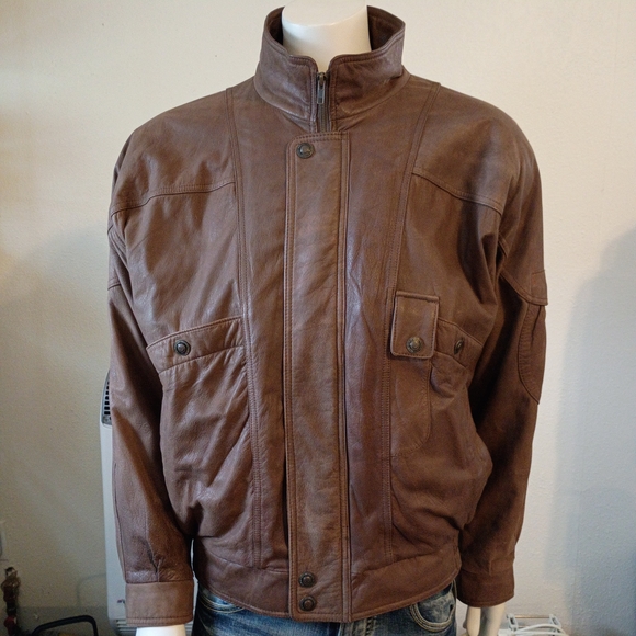 Adventure Bound Brown Leather Jacket Vintage 90s Flight Bomber Jacket XL - Picture 1 of 8